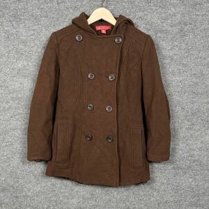 AK Anne Klein Womens Sz SM Peacoat Brown Hooded Wool Nylon Blend Double Breasted